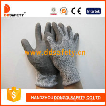 13G Hppe (fibres de polyéthylène de haute performance) / doublure en fibre de verre, gants en mélange de gris et de spandex PU enduit sur paume / doigt. (DCR120)